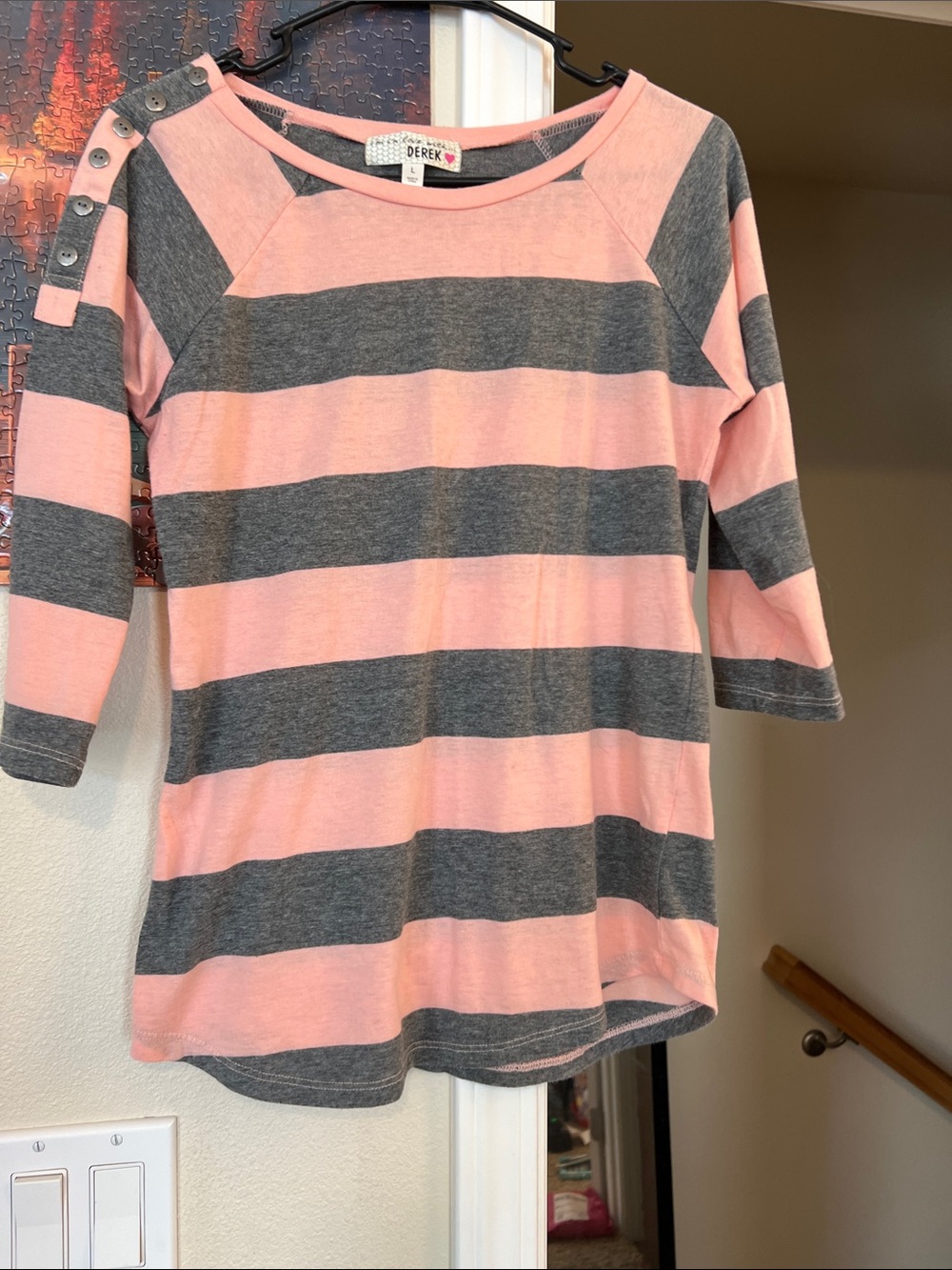 Derek Heart Pink and Gray Striped Long Sleeve Button-Shoulder Tee